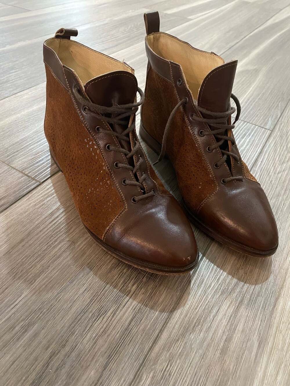 Vintage Italian Leather and Suede Lace-Up Ankle Boots